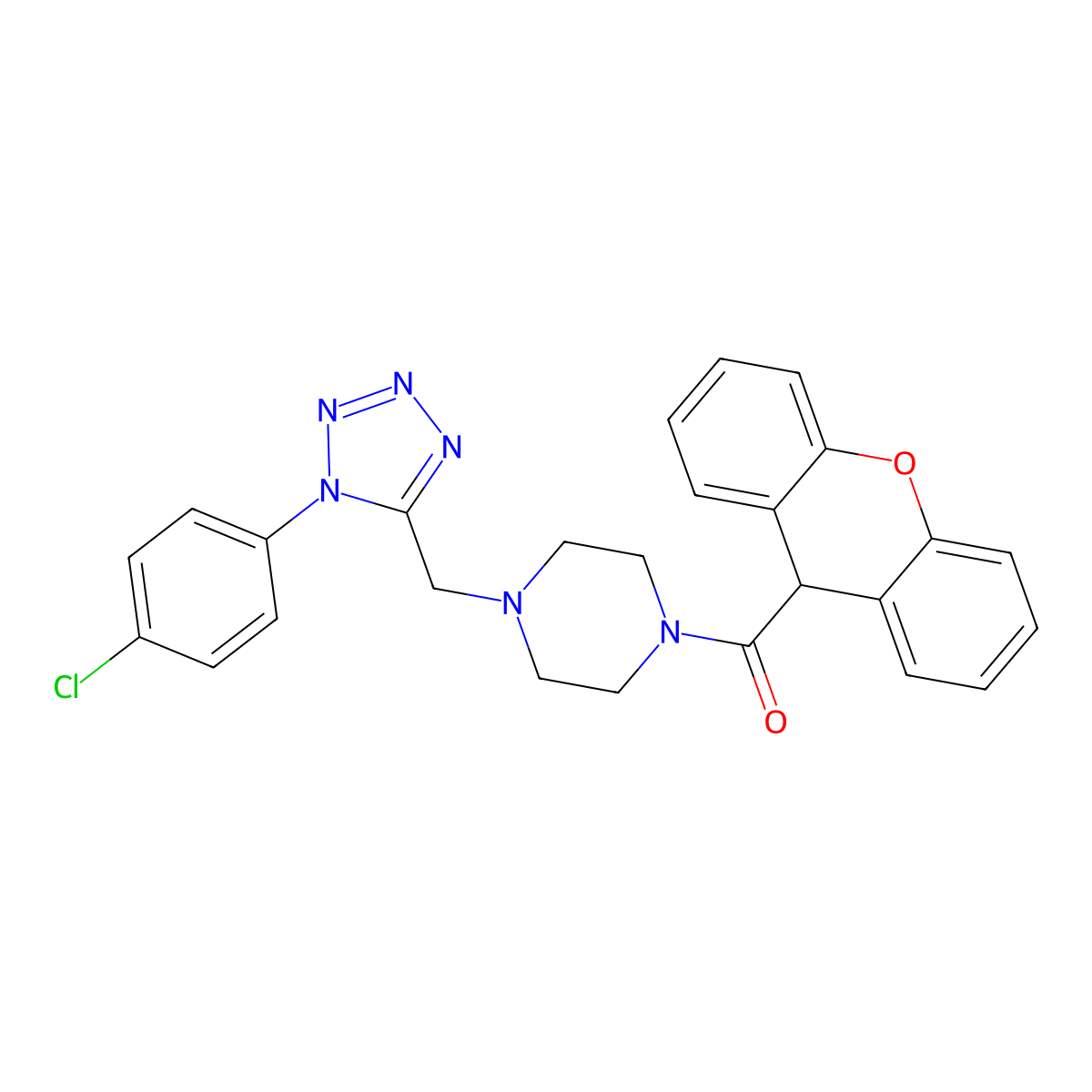 (4-((1-(4-chlorophenyl)-1H-tetrazol-5-yl)methyl)piperazin-1-yl)(9H-xanthen-9-yl)methanone molecular structure, CAS 1049457-57-9