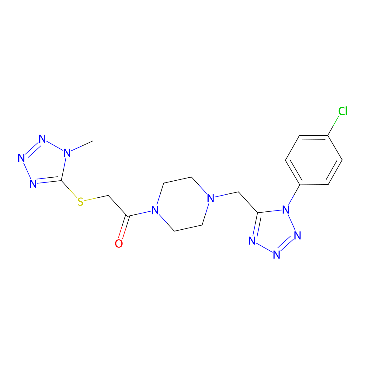 1-(4-{[1-(4-chlorophenyl)-1H-1,2,3,4-tetrazol-5-yl]methyl}piperazin-1-yl)-2-[(1-methyl-1H-1,2,3,4-tetrazol-5-yl)sulfanyl]ethan-1-one molecular structure, CAS 1049458-56-1