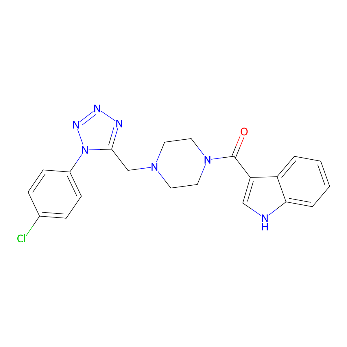 (4-((1-(4-chlorophenyl)-1H-tetrazol-5-yl)methyl)piperazin-1-yl)(1H-indol-3-yl)methanone molecular structure, CAS 1049458-63-0