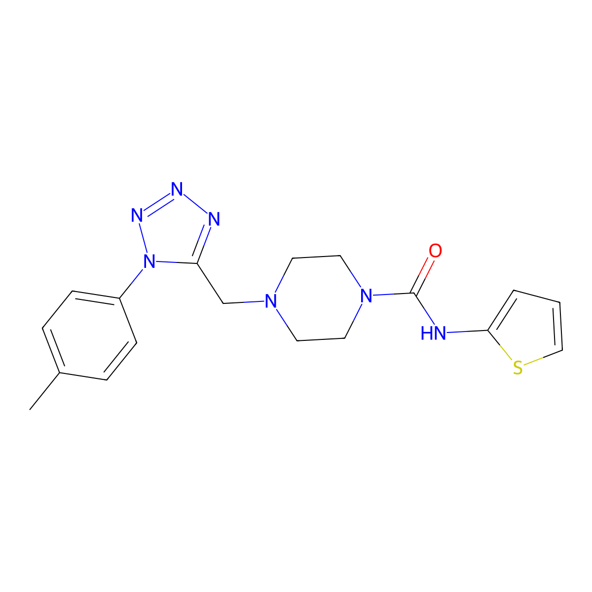 N-(thiophen-2-yl)-4-((1-(p-tolyl)-1H-tetrazol-5-yl)methyl)piperazine-1-carboxamide molecular structure, CAS 1049459-85-9