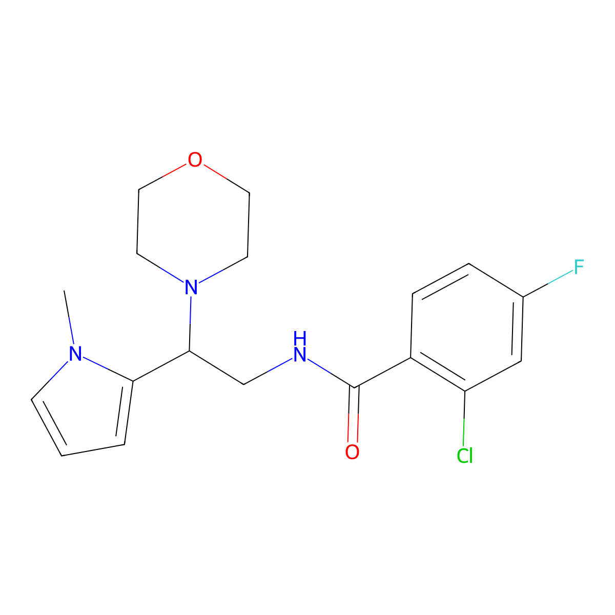 2-chloro-4-fluoro-N-(2-(1-methyl-1H-pyrrol-2-yl)-2-morpholinoethyl)benzamide molecular structure, CAS 1049462-26-1