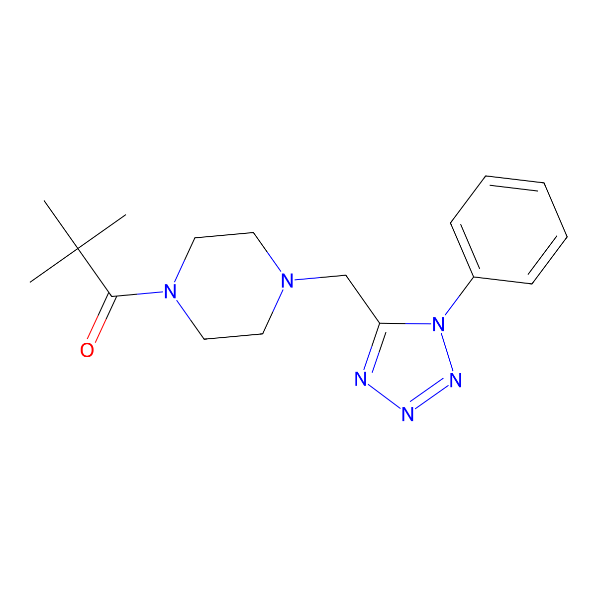 2,2-dimethyl-1-(4-((1-phenyl-1H-tetrazol-5-yl)methyl)piperazin-1-yl)propan-1-one molecular structure, CAS 1049477-60-2