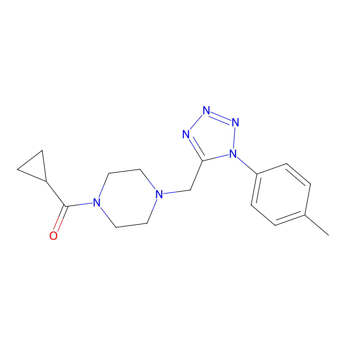 cyclopropyl(4-((1-(p-tolyl)-1H-tetrazol-5-yl)methyl)piperazin-1-yl)methanone molecular structure, CAS 1049484-88-9