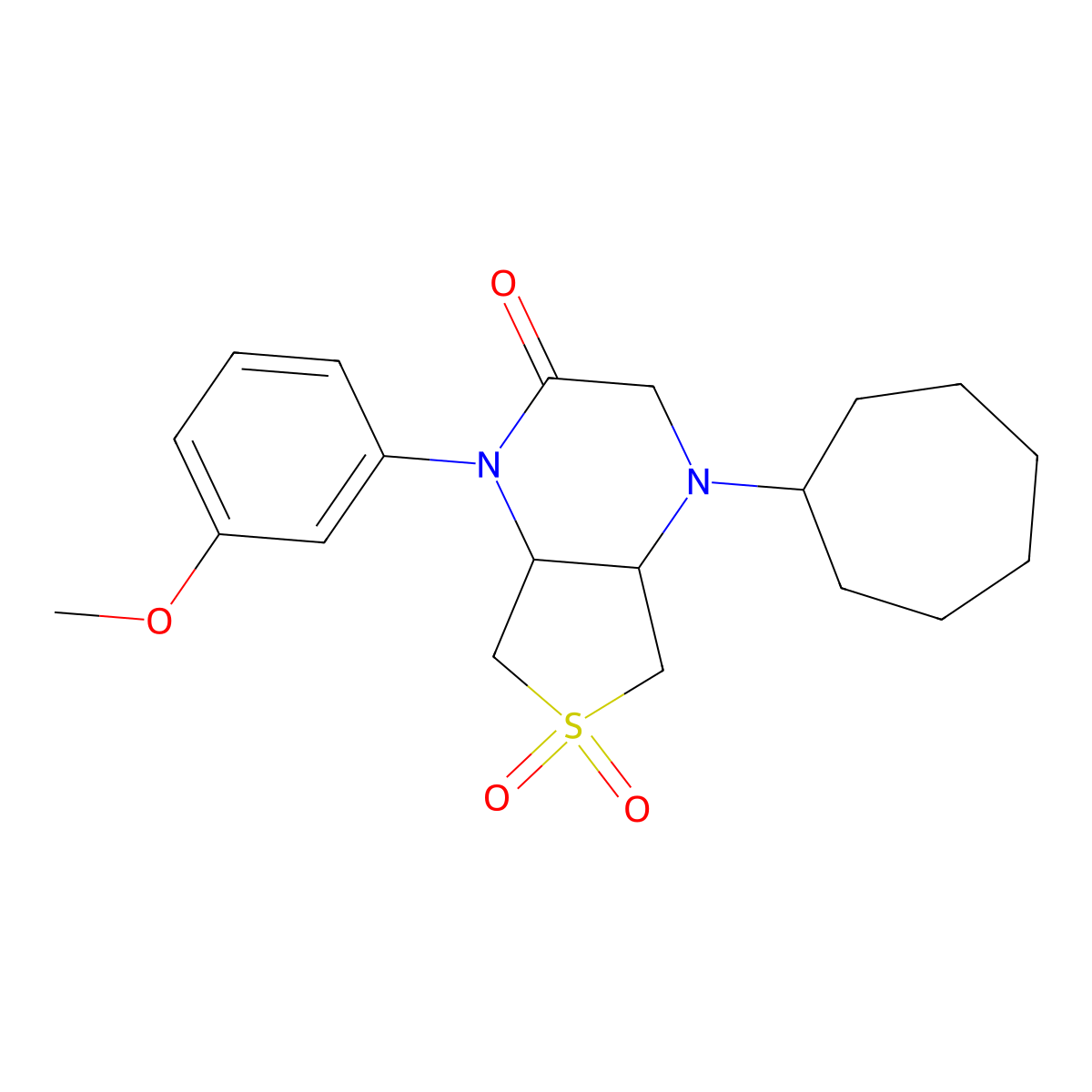 4-cycloheptyl-1-(3-methoxyphenyl)hexahydrothieno[3,4-b]pyrazin-2(1H)-one 6,6-dioxide molecular structure, CAS 1049501-33-8