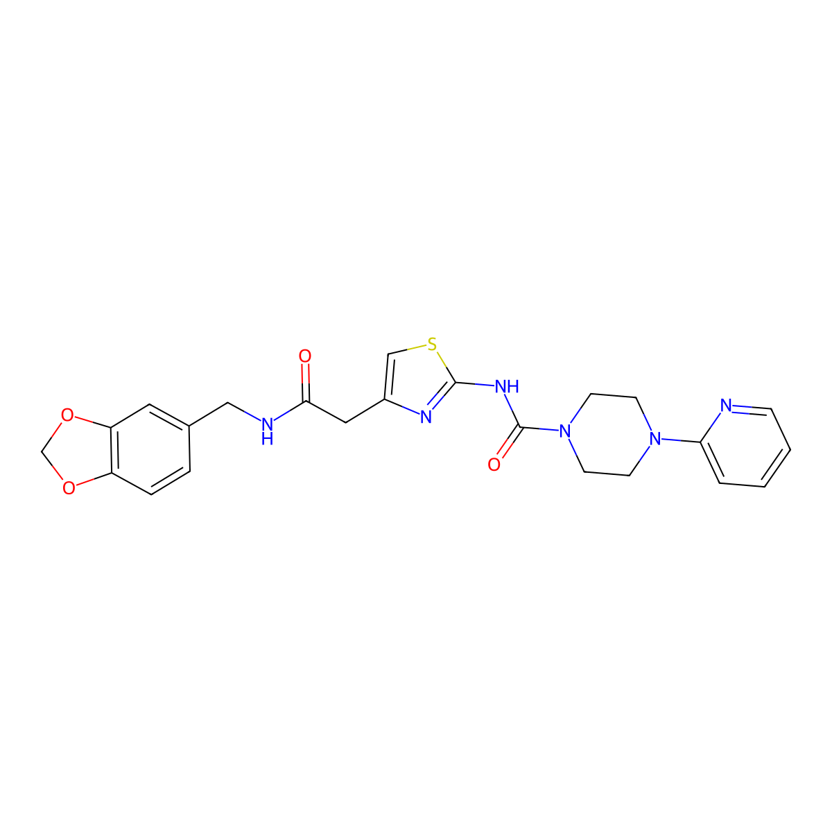 N-(4-(2-((benzo[d][1,3]dioxol-5-ylmethyl)amino)-2-oxoethyl)thiazol-2-yl)-4-(pyridin-2-yl)piperazine-1-carboxamide molecular structure, CAS 1049507-98-3