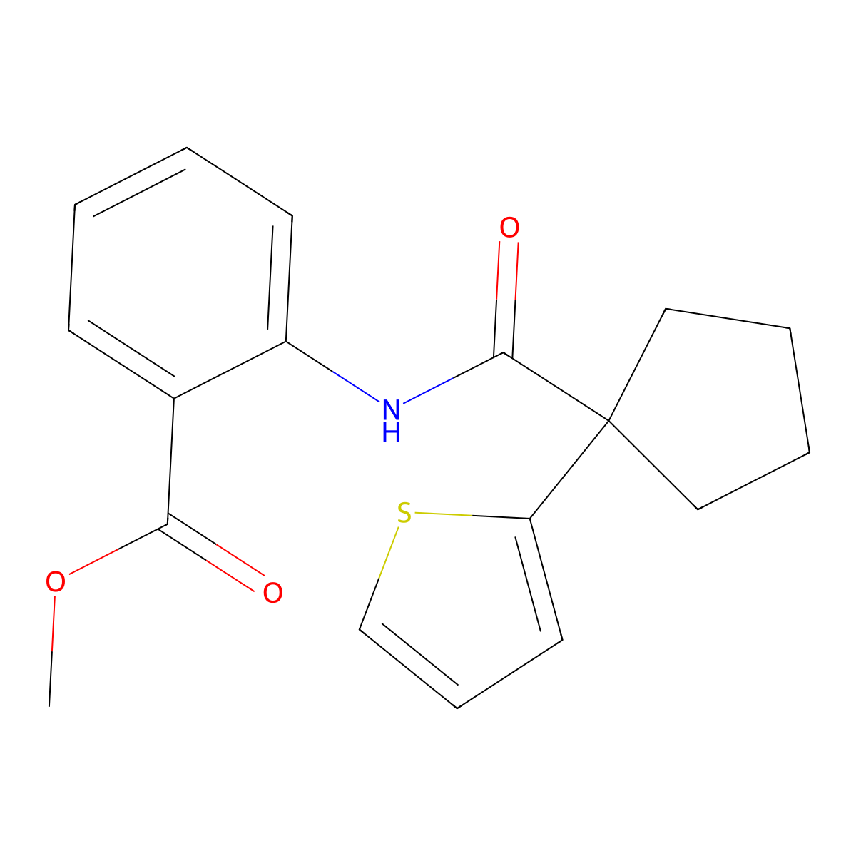 Methyl 2-(1-(thiophen-2-yl)cyclopentanecarboxamido)benzoate molecular structure, CAS 1049512-54-0