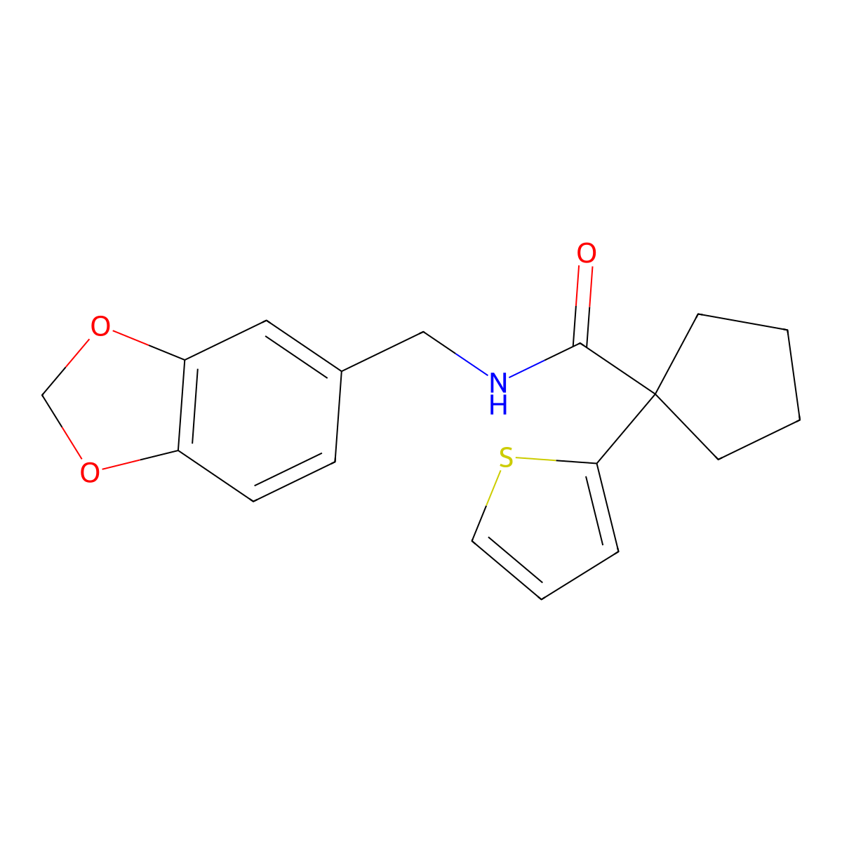 N-(benzo[d][1,3]dioxol-5-ylmethyl)-1-(thiophen-2-yl)cyclopentanecarboxamide molecular structure, CAS 1049513-19-0