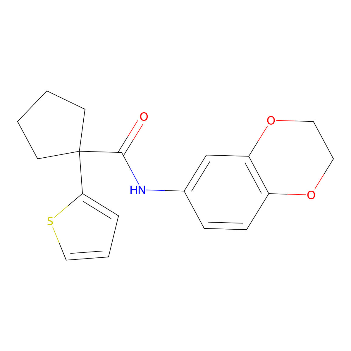 N-(2,3-dihydrobenzo[b][1,4]dioxin-6-yl)-1-(thiophen-2-yl)cyclopentanecarboxamide molecular structure, CAS 1049525-31-6