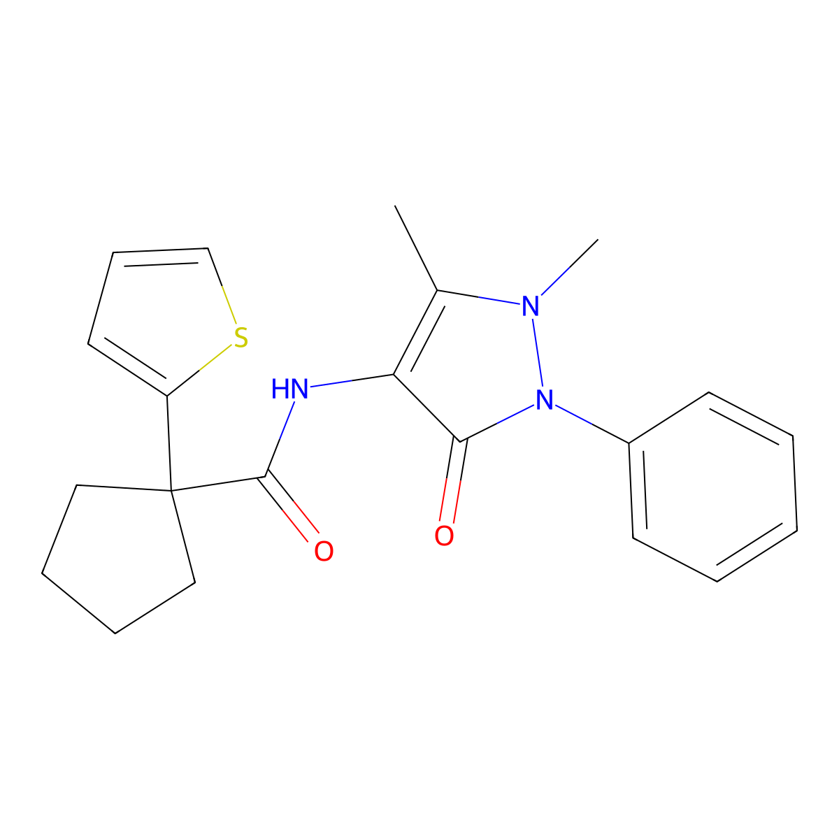 N-(1,5-dimethyl-3-oxo-2-phenyl-2,3-dihydro-1H-pyrazol-4-yl)-1-(thiophen-2-yl)cyclopentanecarboxamide molecular structure, CAS 1049526-30-8