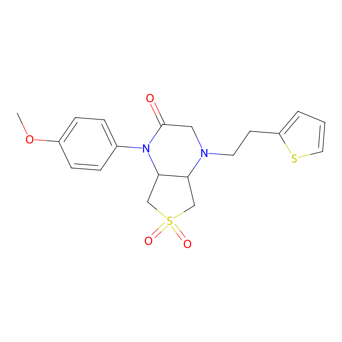 1-(4-methoxyphenyl)-4-(2-(thiophen-2-yl)ethyl)hexahydrothieno[3,4-b]pyrazin-2(1H)-one 6,6-dioxide molecular structure, CAS 1049536-06-2