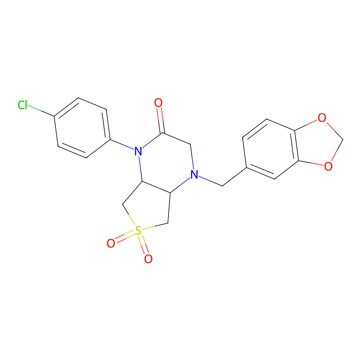 4-(benzo[d][1,3]dioxol-5-ylmethyl)-1-(4-chlorophenyl)hexahydrothieno[3,4-b]pyrazin-2(1H)-one 6,6-dioxide molecular structure, CAS 1049558-29-3