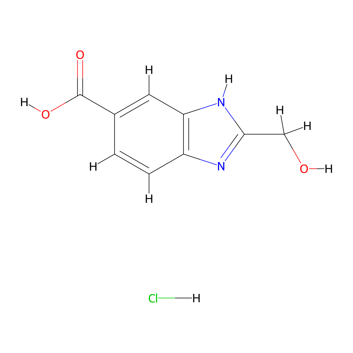 2-(hydroxymethyl)-1H-1,3-benzodiazole-5-carboxylic acid hydrochloride molecular structure, CAS 1049716-97-3