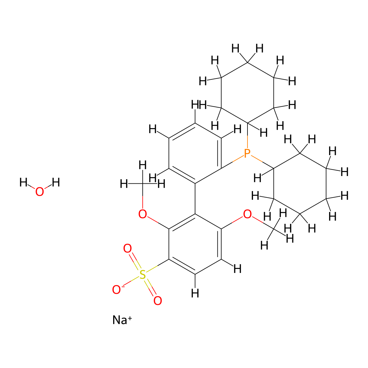 Sodium 2'-(dicyclohexylphosphino)-2,6-dimethoxy-[1,1'-biphenyl]-3-sulfonate hydrate , sSPhos molecular structure, CAS 1049726-96-6