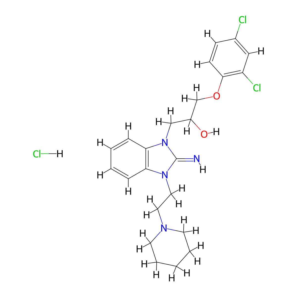 1-(2,4-dichlorophenoxy)-3-(2-imino-3-(2-(piperidin-1-yl)ethyl)-2,3-dihydro-1H-benzo[d]imidazol-1-yl)propan-2-ol hydrochloride molecular structure, CAS 1049728-05-3
