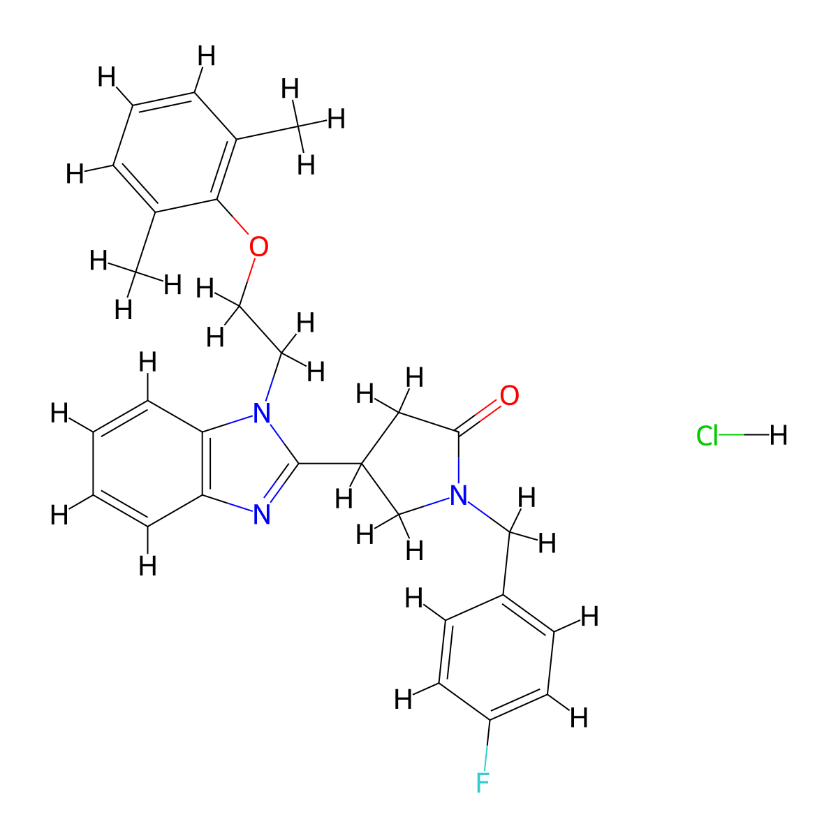 4-{1-[2-(2,6-dimethylphenoxy)ethyl]-1H-1,3-benzodiazol-2-yl}-1-[(4-fluorophenyl)methyl]pyrrolidin-2-one hydrochloride molecular structure, CAS 1049746-50-0