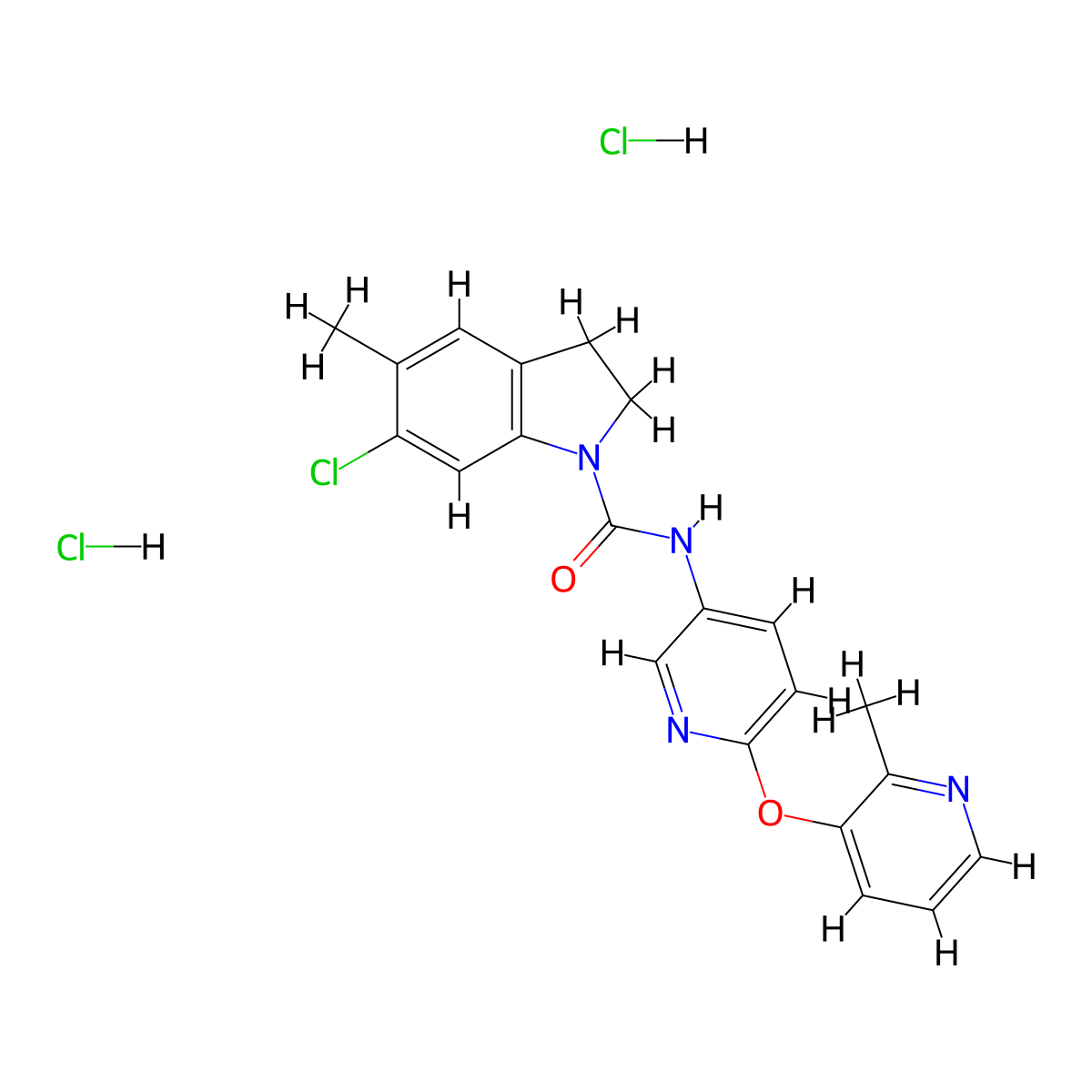 6-Chloro-5-methyl-N-(6-((2-methyl-3-pyridinyl)oxy)-3-pyridinyl)-2,3-dihydro-1H-indole-1-carboxamide dihydrochloride molecular structure, CAS 1049747-87-6