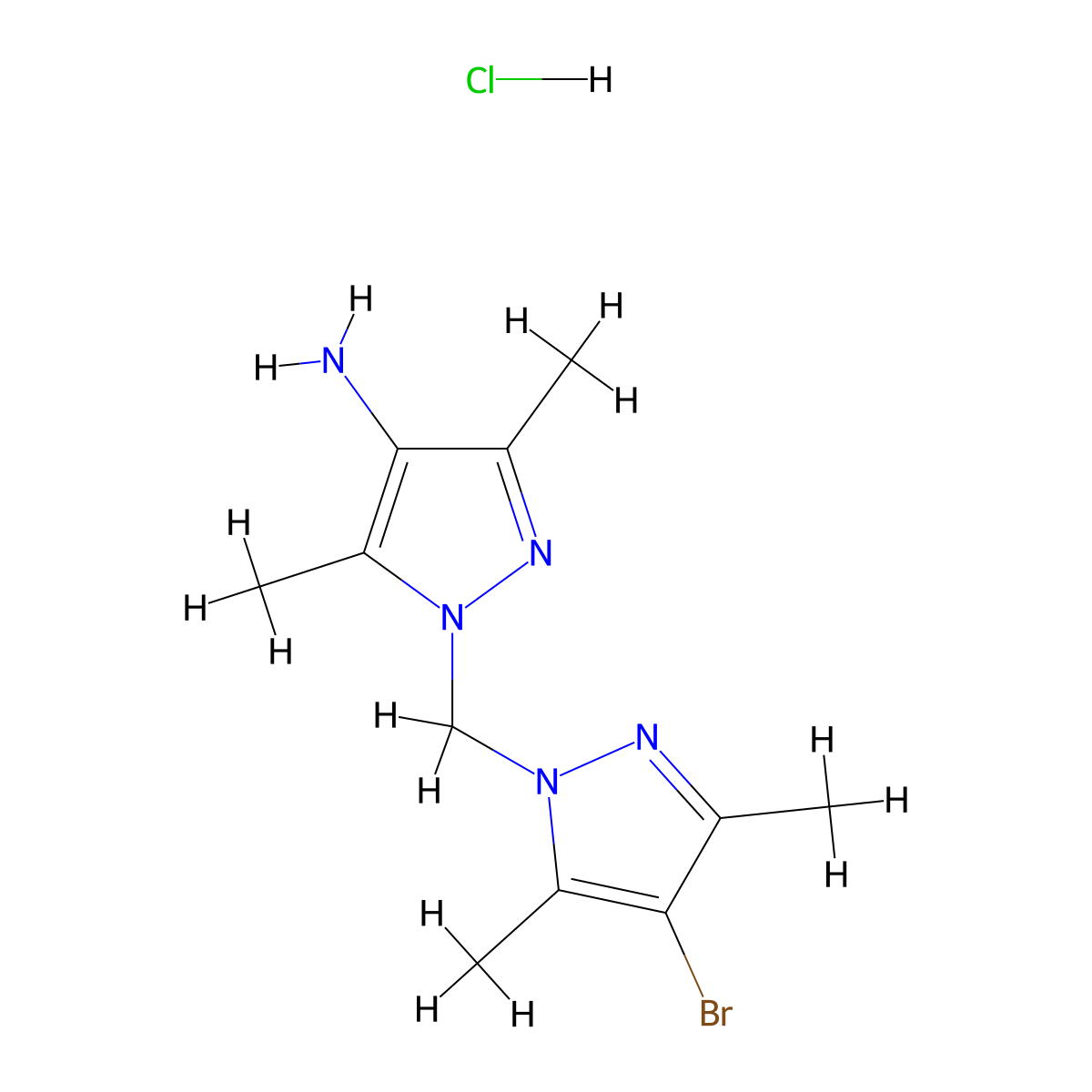 1-[(4-bromo-3,5-dimethyl-1H-pyrazol-1-yl)methyl]-3,5-dimethyl-1H-pyrazol-4-amine hydrochloride molecular structure, CAS 1049752-43-3