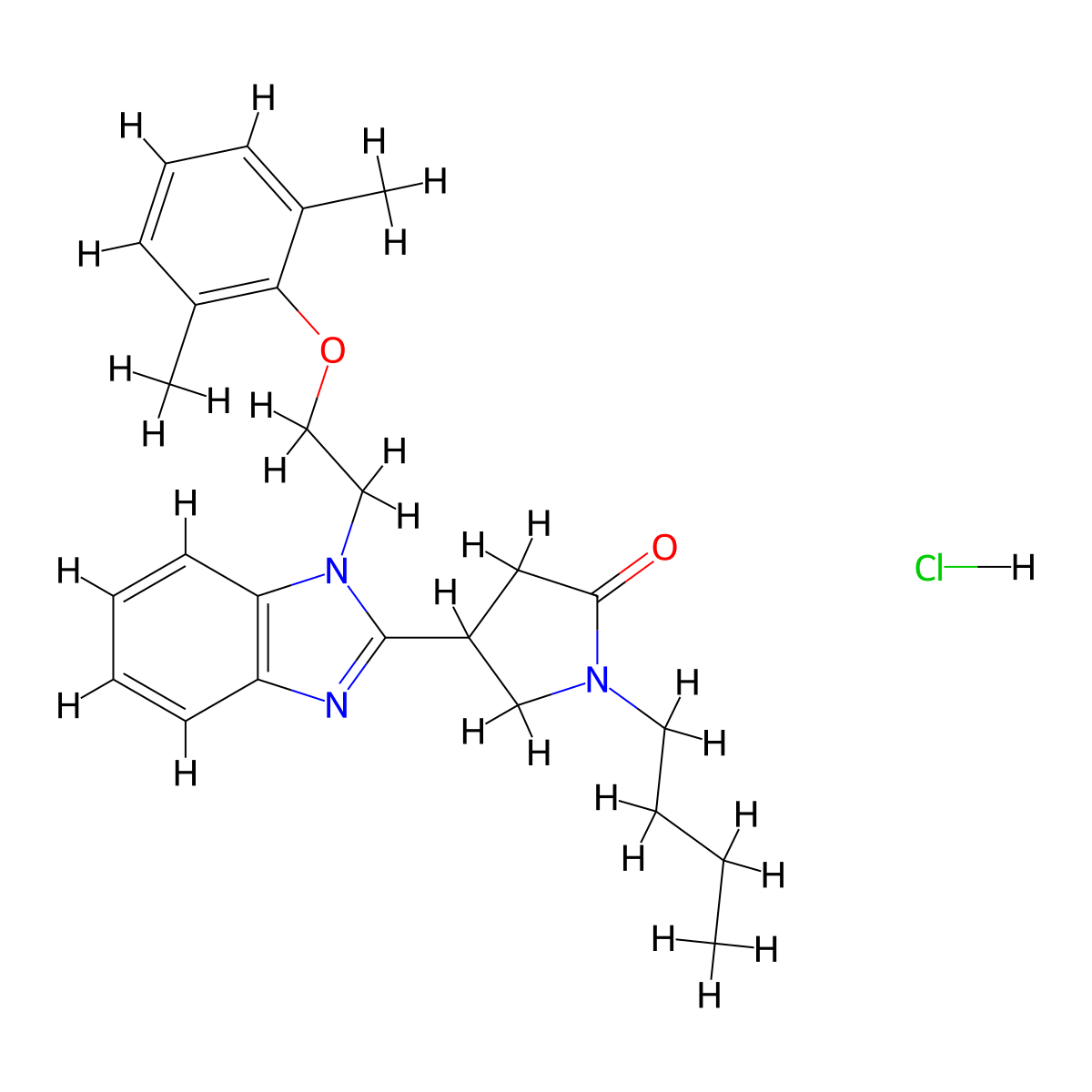 1-butyl-4-(1-(2-(2,6-dimethylphenoxy)ethyl)-1H-benzo[d]imidazol-2-yl)pyrrolidin-2-one hydrochloride molecular structure, CAS 1049752-53-5