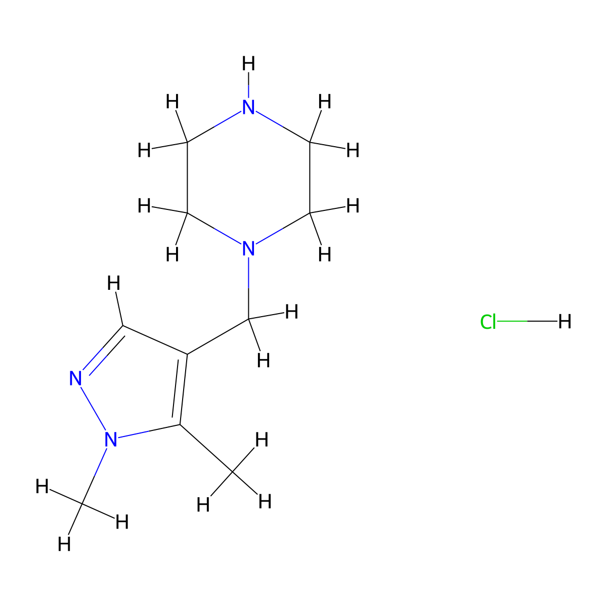 1-[(1,5-dimethyl-1H-pyrazol-4-yl)methyl]piperazine hydrochloride molecular structure, CAS 1049764-85-3