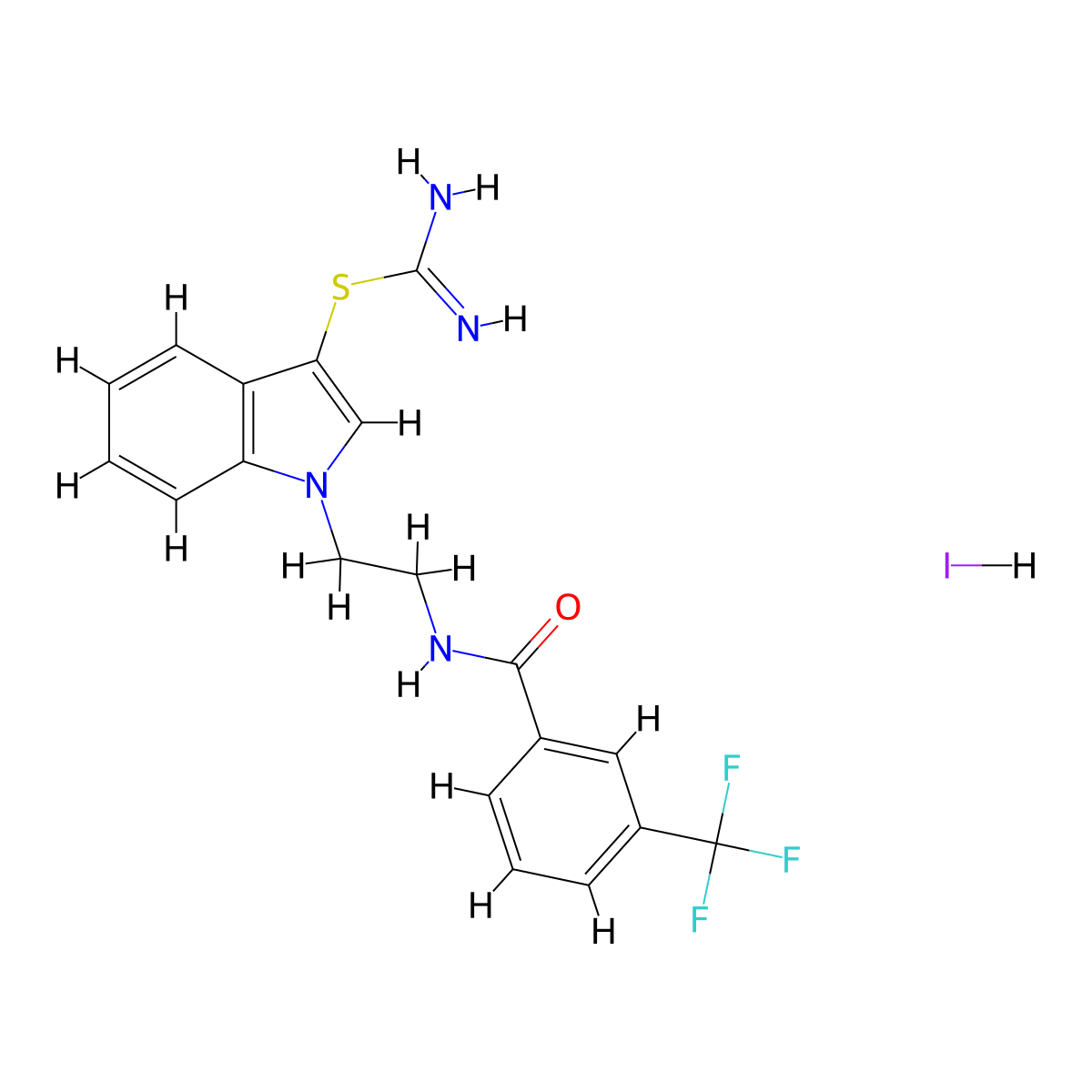 1-(2-(3-(trifluoromethyl)benzamido)ethyl)-1H-indol-3-yl carbamimidothioate hydroiodide molecular structure, CAS 1049785-41-2