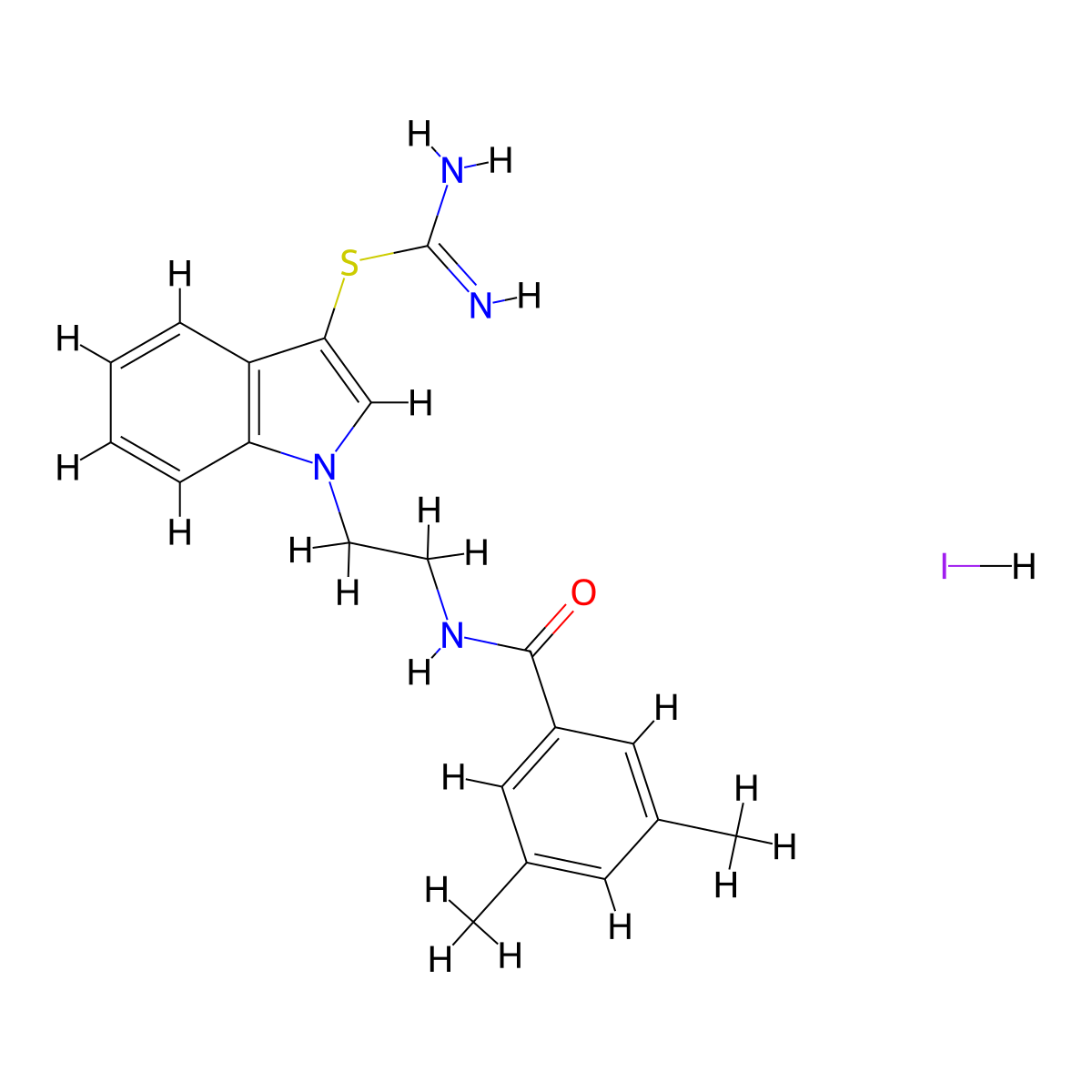 1-(2-(3,5-dimethylbenzamido)ethyl)-1H-indol-3-yl carbamimidothioate hydroiodide molecular structure, CAS 1049785-49-0