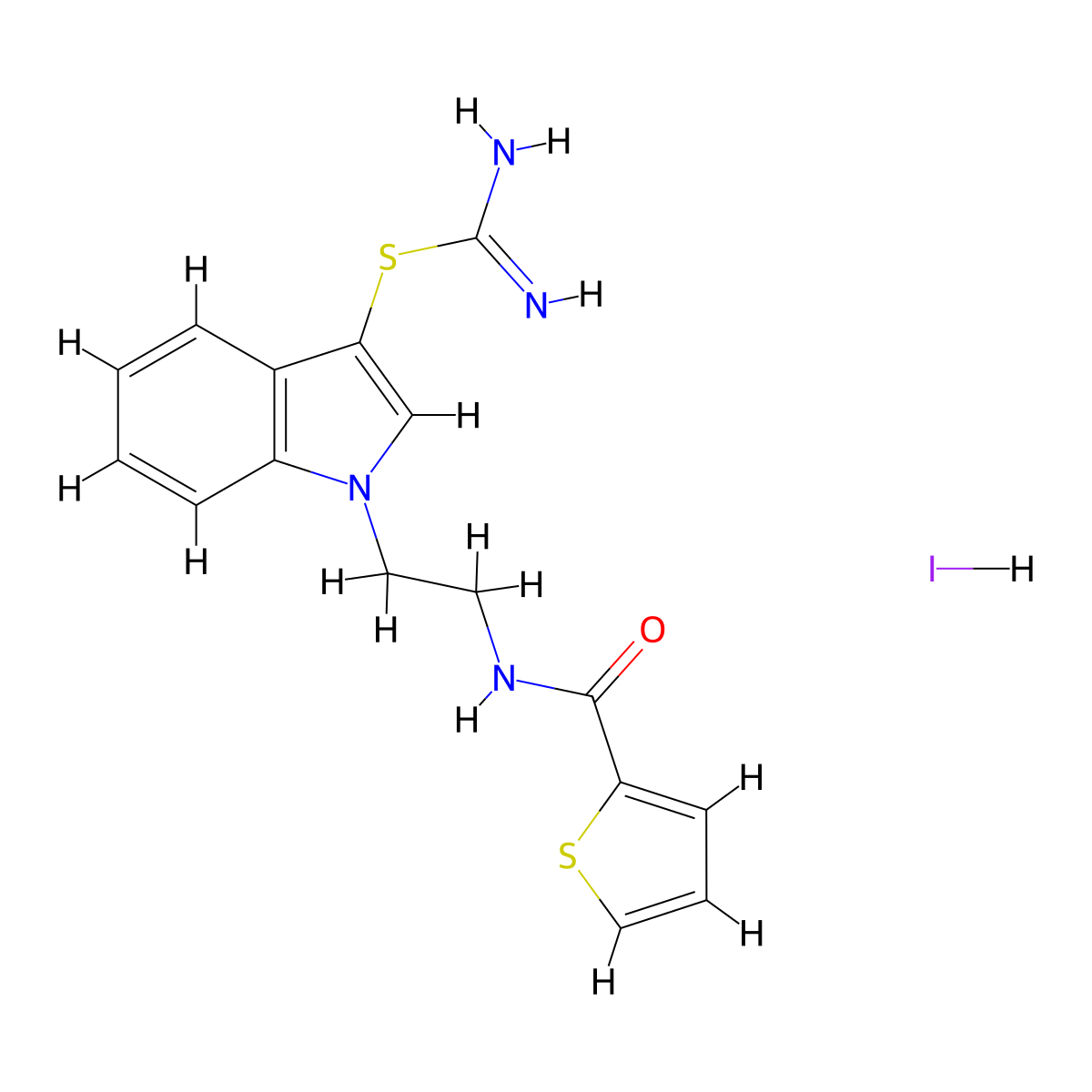 1-(2-(thiophene-2-carboxamido)ethyl)-1H-indol-3-yl carbamimidothioate hydroiodide molecular structure, CAS 1049785-73-0