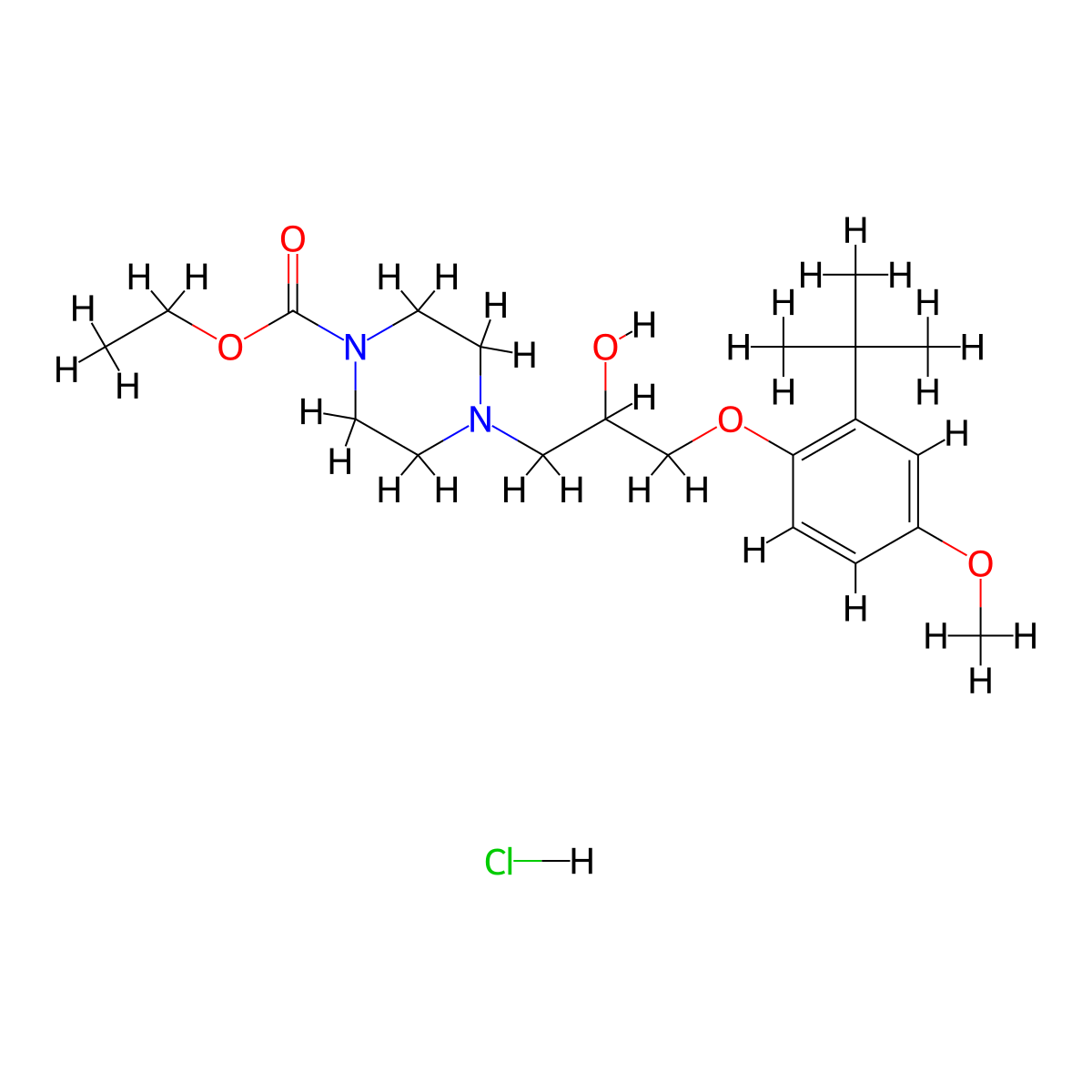 Ethyl 4-[3-(2-tert-butyl-4-methoxyphenoxy)-2-hydroxypropyl]-1-piperazinecarboxylate hydrochloride molecular structure, CAS 1049786-41-5