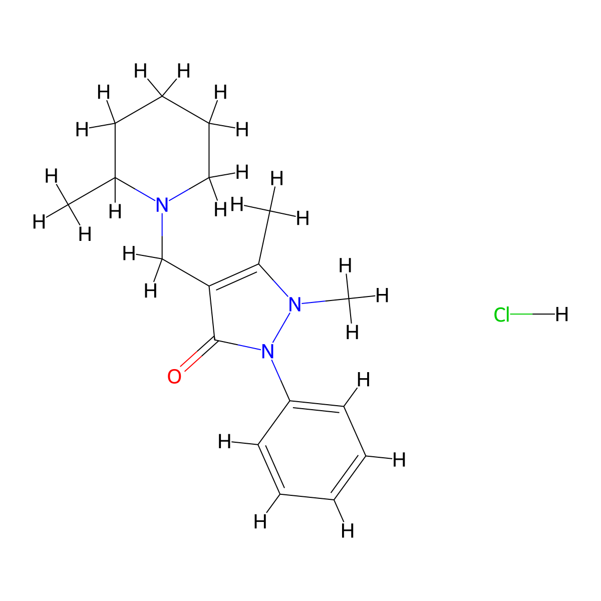 3H-Pyrazol-3-one, 1,2-dihydro-1,5-dimethyl-4-[(2-methyl-1-piperidinyl)methyl]-2-phenyl-, hydrochloride (1:1) molecular structure, CAS 1049787-33-8