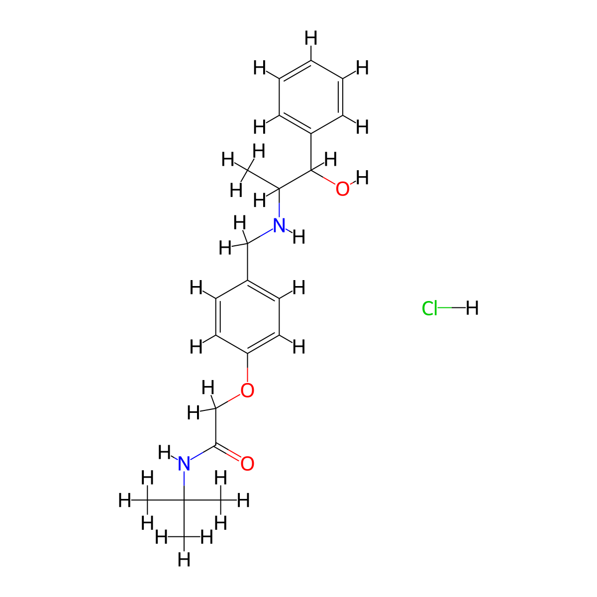 N-tert-butyl-2-[4-[[(1-hydroxy-1-phenylpropan-2-yl)amino]methyl]phenoxy]acetamide;hydrochloride molecular structure, CAS 1049787-83-8