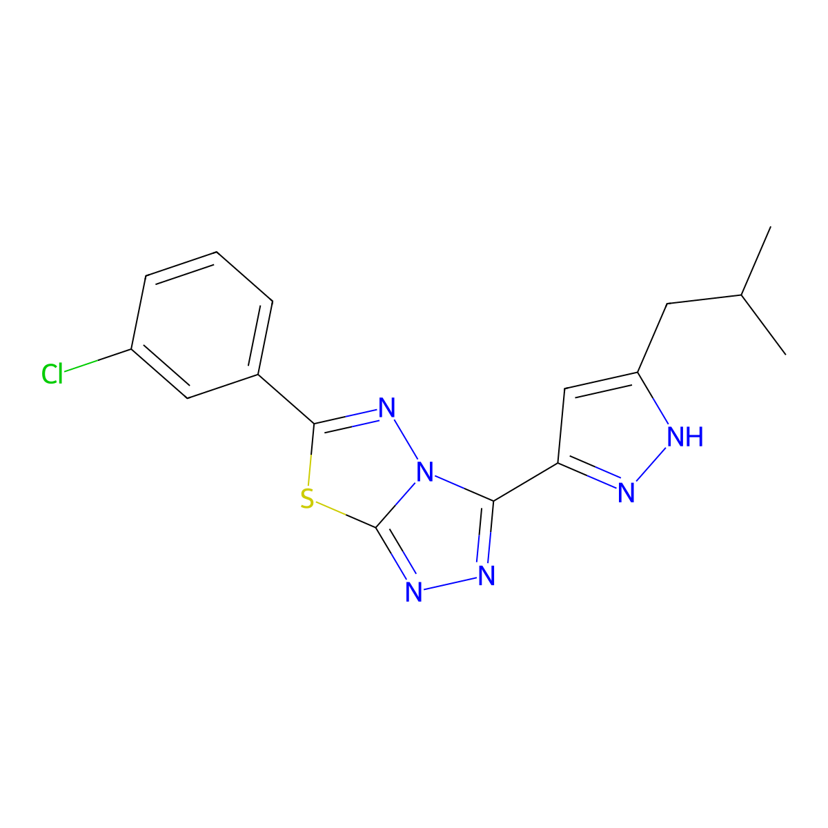 6-(3-chlorophenyl)-3-(3-isobutyl-1H-pyrazol-5-yl)[1,2,4]triazolo[3,4-b][1,3,4]thiadiazole molecular structure, CAS 1049799-88-3