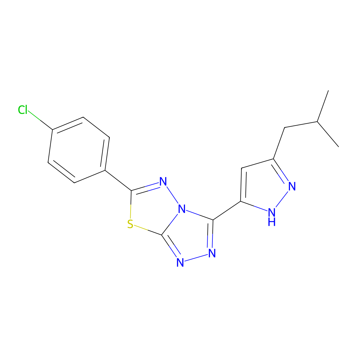 6-(4-chlorophenyl)-3-(3-isobutyl-1H-pyrazol-5-yl)[1,2,4]triazolo[3,4-b][1,3,4]thiadiazole molecular structure, CAS 1049801-43-5