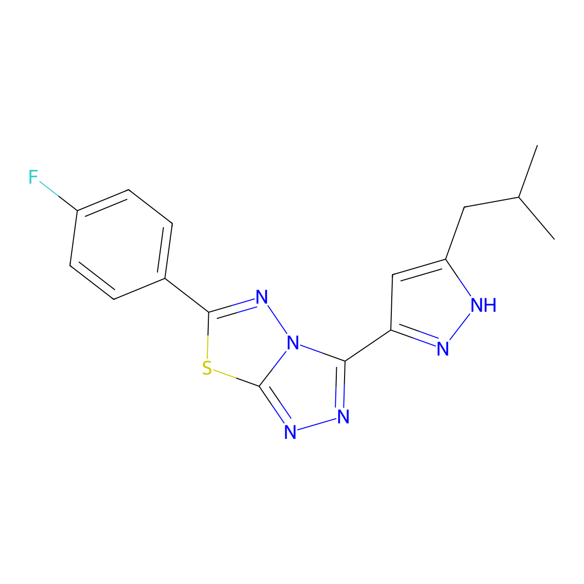 6-(4-fluorophenyl)-3-(3-isobutyl-1H-pyrazol-5-yl)[1,2,4]triazolo[3,4-b][1,3,4]thiadiazole molecular structure, CAS 1049801-55-9