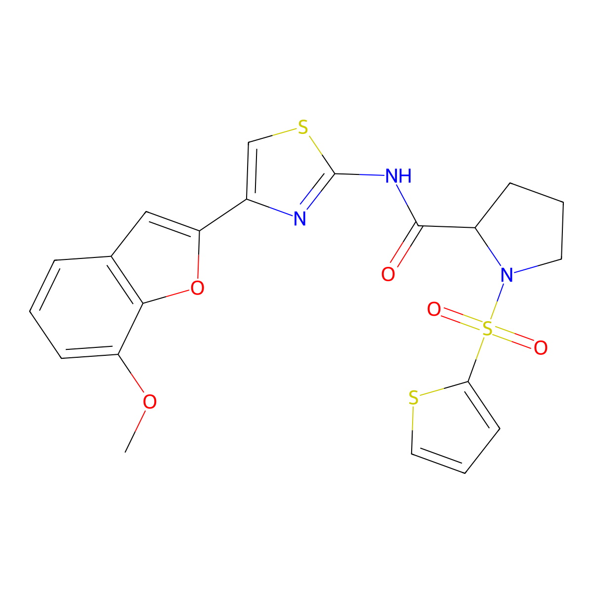 N-(4-(7-methoxybenzofuran-2-yl)thiazol-2-yl)-1-(thiophen-2-ylsulfonyl)pyrrolidine-2-carboxamide molecular structure, CAS 1049827-65-7
