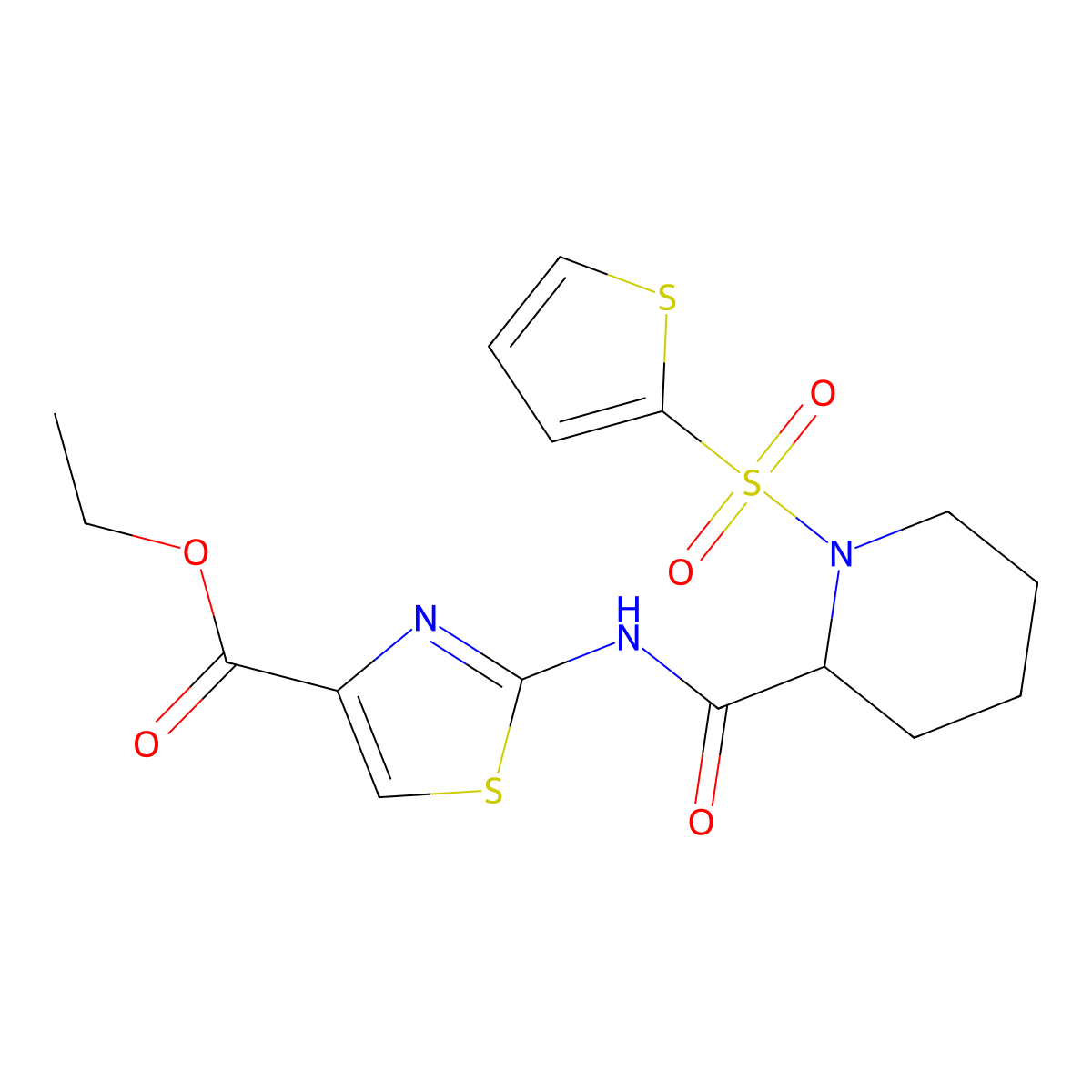 Ethyl 2-(1-(thiophen-2-ylsulfonyl)piperidine-2-carboxamido)thiazole-4-carboxylate molecular structure, CAS 1049829-19-7