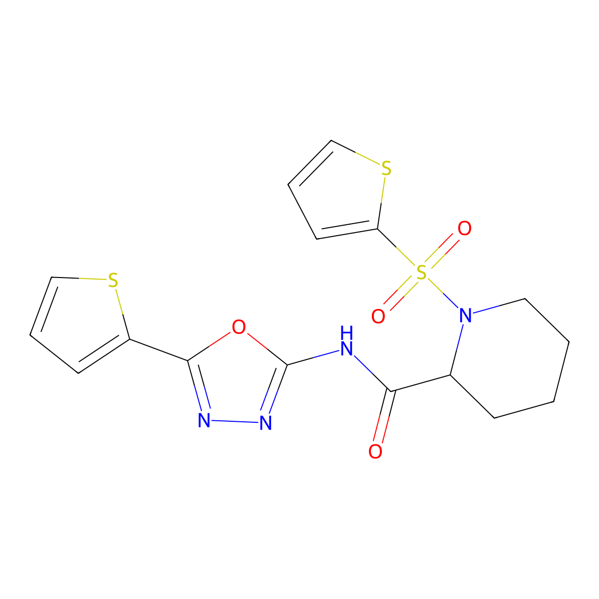 N-(5-(thiophen-2-yl)-1,3,4-oxadiazol-2-yl)-1-(thiophen-2-ylsulfonyl)piperidine-2-carboxamide molecular structure, CAS 1049832-88-3