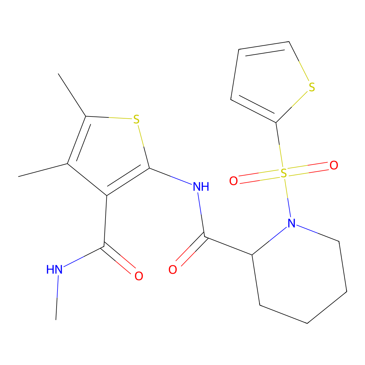 N-(4,5-dimethyl-3-(methylcarbamoyl)thiophen-2-yl)-1-(thiophen-2-ylsulfonyl)piperidine-2-carboxamide molecular structure, CAS 1049833-69-3