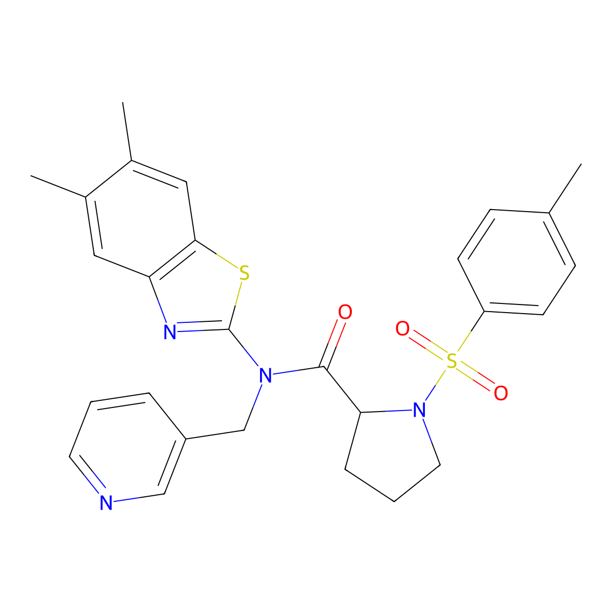 N-(5,6-dimethylbenzo[d]thiazol-2-yl)-N-(pyridin-3-ylmethyl)-1-tosylpyrrolidine-2-carboxamide molecular structure, CAS 1049941-89-0