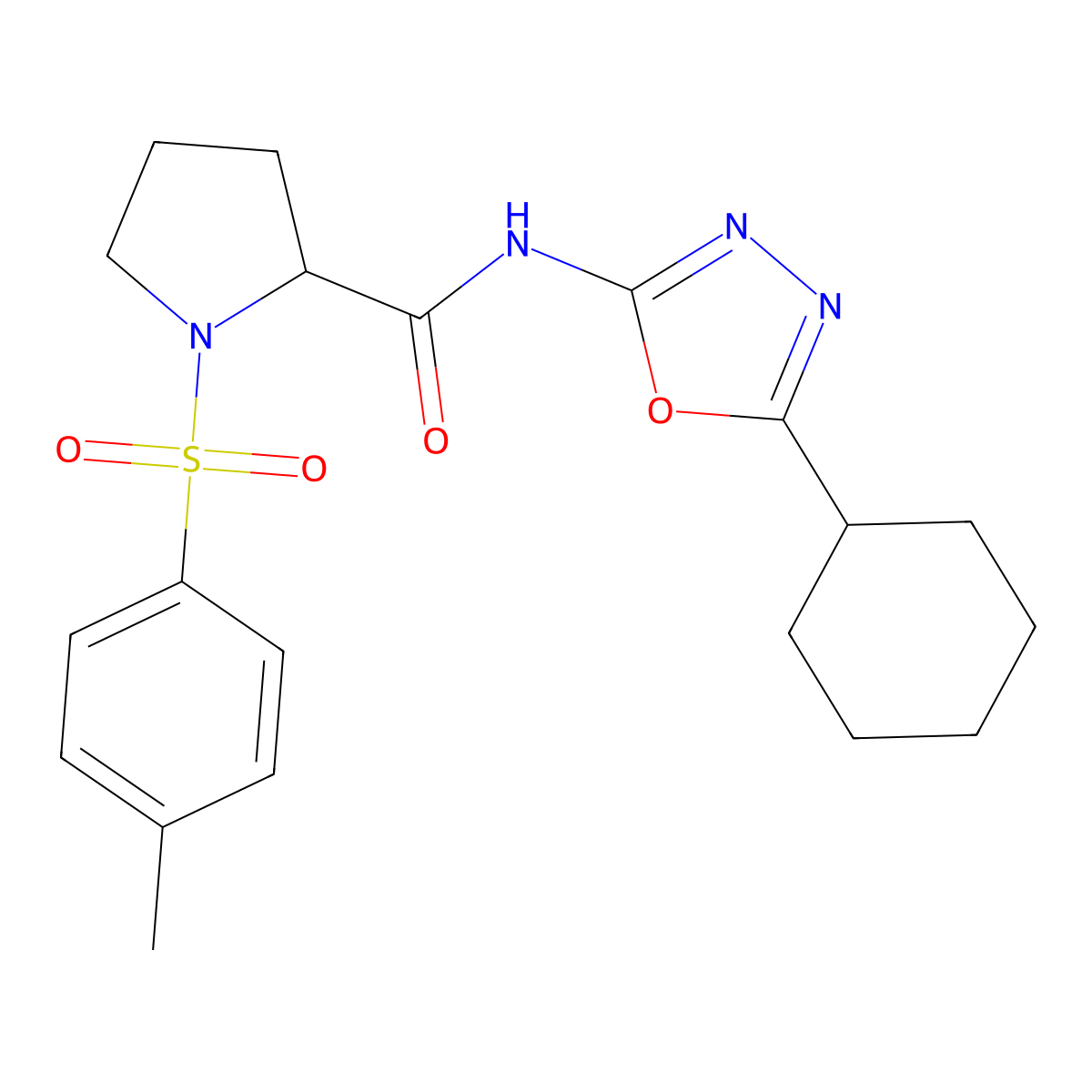 N-(5-cyclohexyl-1,3,4-oxadiazol-2-yl)-1-tosylpyrrolidine-2-carboxamide molecular structure, CAS 1049943-56-7