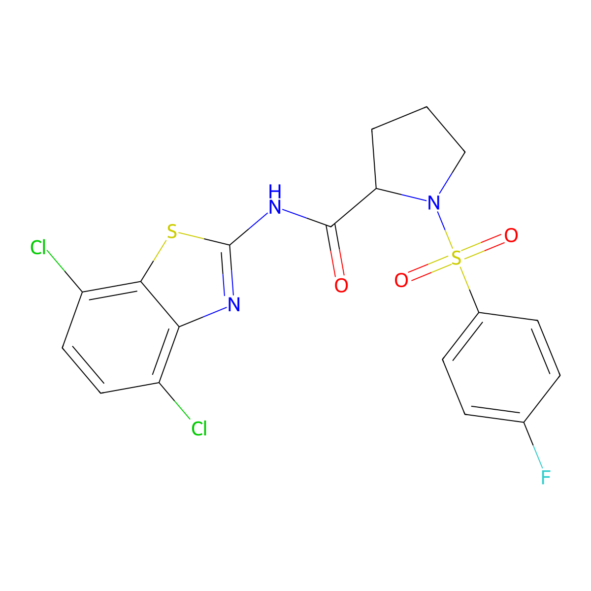 N-(4,7-dichloro-1,3-benzothiazol-2-yl)-1-(4-fluorobenzenesulfonyl)pyrrolidine-2-carboxamide molecular structure, CAS 1049947-11-6