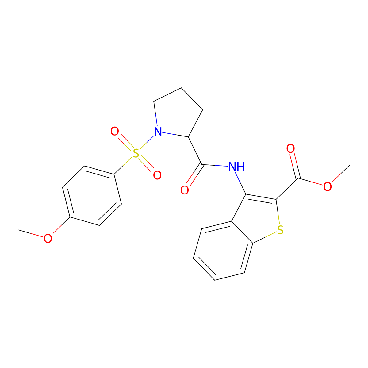 Methyl 3-(1-((4-methoxyphenyl)sulfonyl)pyrrolidine-2-carboxamido)benzo[b]thiophene-2-carboxylate molecular structure, CAS 1049959-47-8