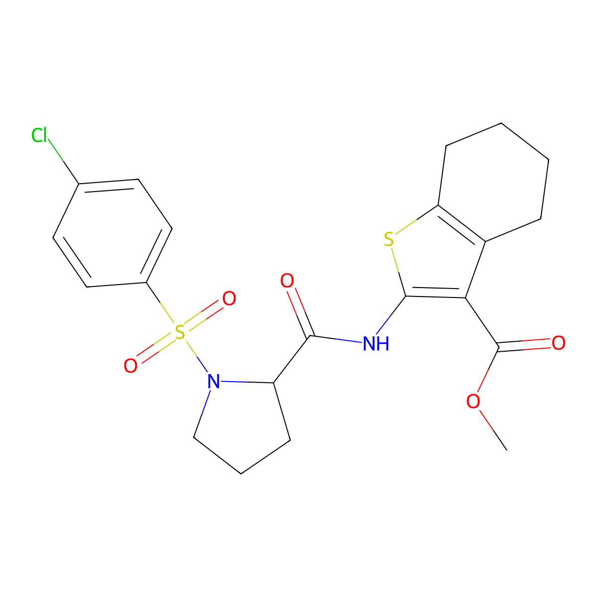 Methyl 2-(1-((4-chlorophenyl)sulfonyl)pyrrolidine-2-carboxamido)-4,5,6,7-tetrahydrobenzo[b]thiophene-3-carboxylate molecular structure, CAS 1049969-17-6
