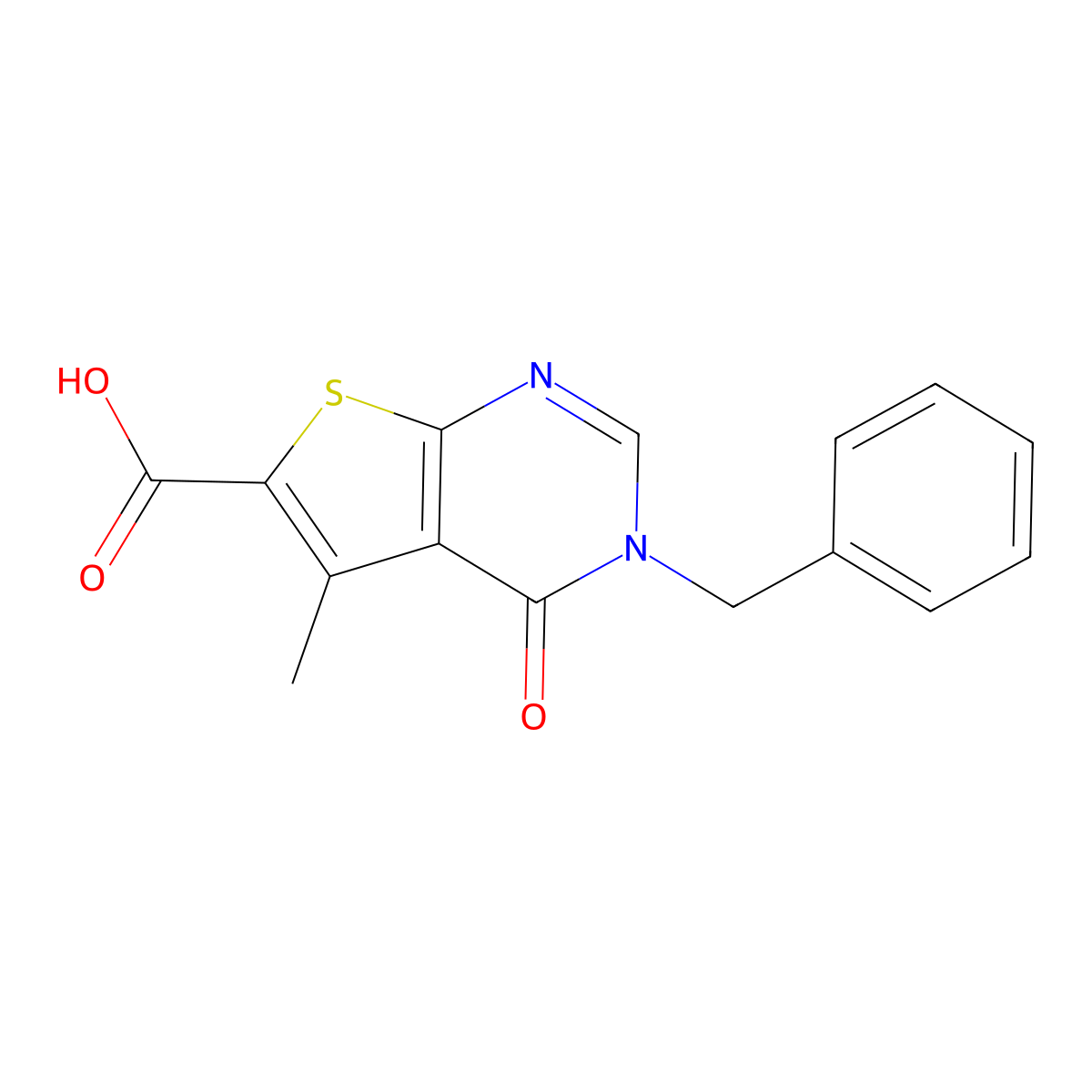 3-Benzyl-5-methyl-4-oxo-3,4-dihydrothieno[2,3-d]pyrimidine-6-carboxylic acid molecular structure, CAS 1050084-33-7