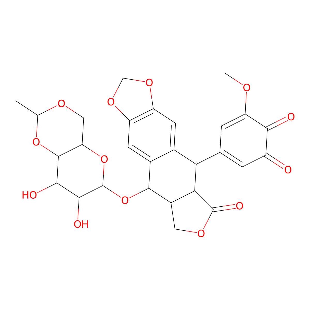 5-[5-[[(4aR,6R,7R,8R,8aS)-7,8-dihydroxy-2-methyl-4,4a,6,7,8,8a-hexahydropyrano[3,2-d][1,3]dioxin-6-yl]oxy]-8-oxo-5a,6,8a,9-tetrahydro-5H-[2]benzofuro[5,6-f][1,3]benzodioxol-9-yl]-3-methoxycyclohexa-3,5-diene-1,2-dione molecular structure, CAS 105016-65-7