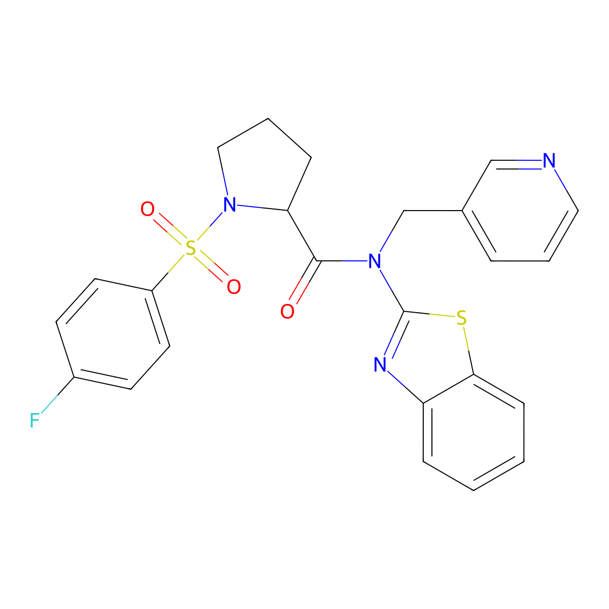 N-(benzo[d]thiazol-2-yl)-1-((4-fluorophenyl)sulfonyl)-N-(pyridin-3-ylmethyl)pyrrolidine-2-carboxamide molecular structure, CAS 1050199-31-9