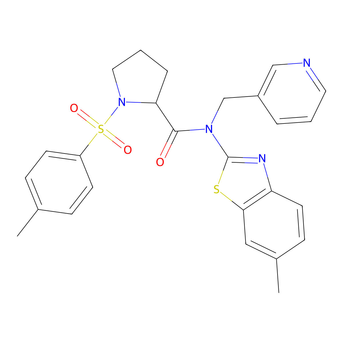 N-(6-methylbenzo[d]thiazol-2-yl)-N-(pyridin-3-ylmethyl)-1-tosylpyrrolidine-2-carboxamide molecular structure, CAS 1050205-87-2