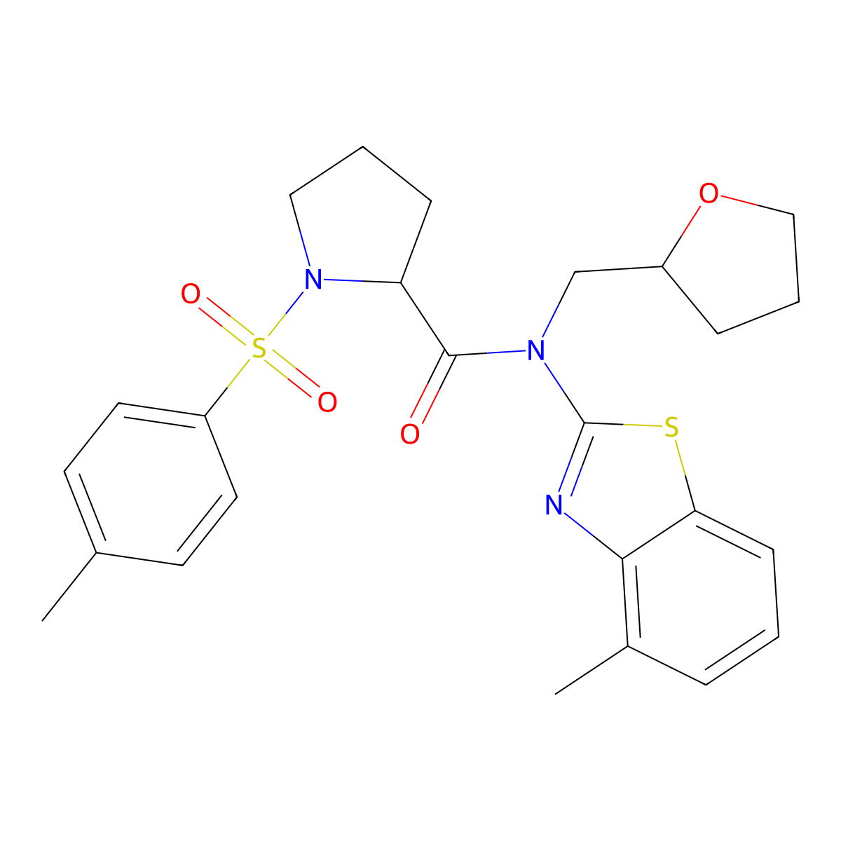 N-(4-methylbenzo[d]thiazol-2-yl)-N-((tetrahydrofuran-2-yl)methyl)-1-tosylpyrrolidine-2-carboxamide molecular structure, CAS 1050206-08-0