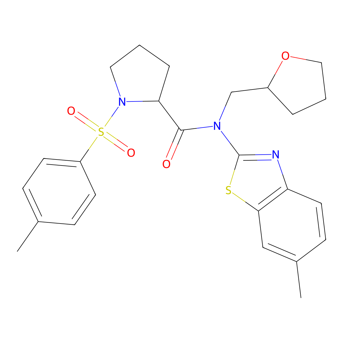 N-(6-methylbenzo[d]thiazol-2-yl)-N-((tetrahydrofuran-2-yl)methyl)-1-tosylpyrrolidine-2-carboxamide molecular structure, CAS 1050206-10-4