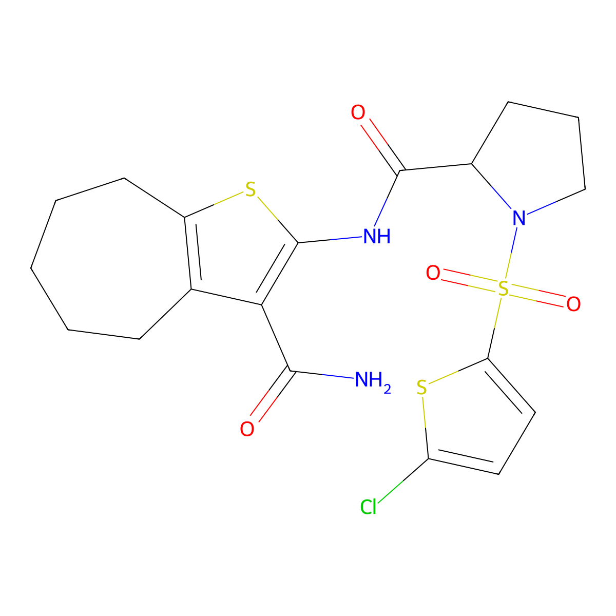 N-(3-carbamoyl-5,6,7,8-tetrahydro-4H-cyclohepta[b]thiophen-2-yl)-1-((5-chlorothiophen-2-yl)sulfonyl)pyrrolidine-2-carboxamide molecular structure, CAS 1050210-88-2