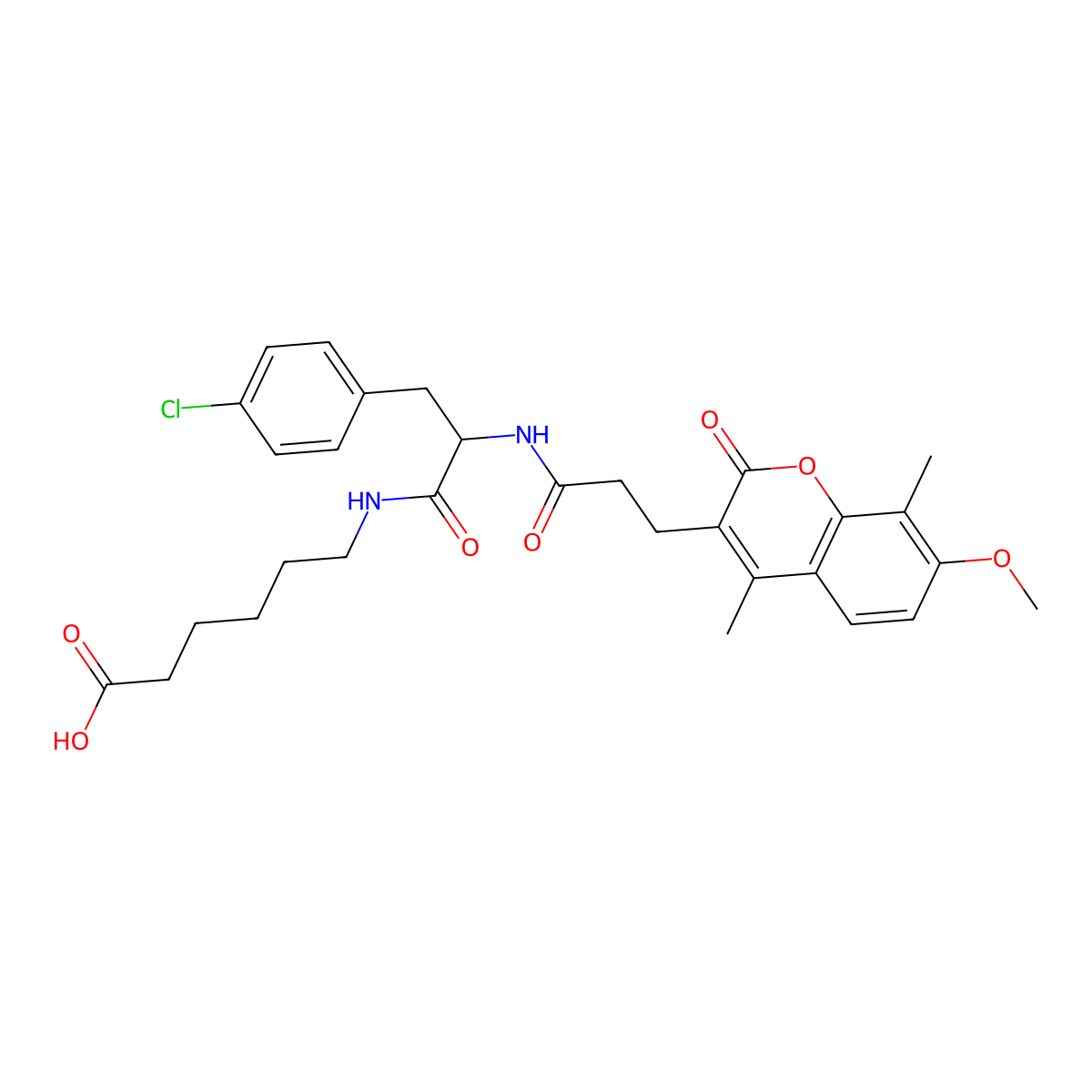 6-({4-chloro-N-[3-(7-methoxy-4,8-dimethyl-2-oxo-2H-chromen-3-yl)propanoyl]phenylalanyl}amino)hexanoic acid molecular structure, CAS 1050240-37-3