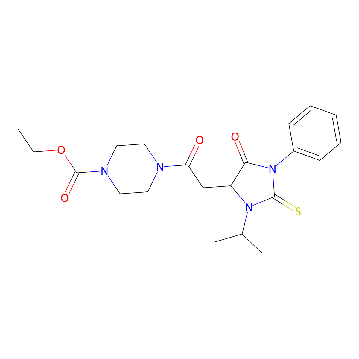 Ethyl 4-{[5-oxo-1-phenyl-3-(propan-2-yl)-2-thioxoimidazolidin-4-yl]acetyl}piperazine-1-carboxylate molecular structure, CAS 1050251-38-1